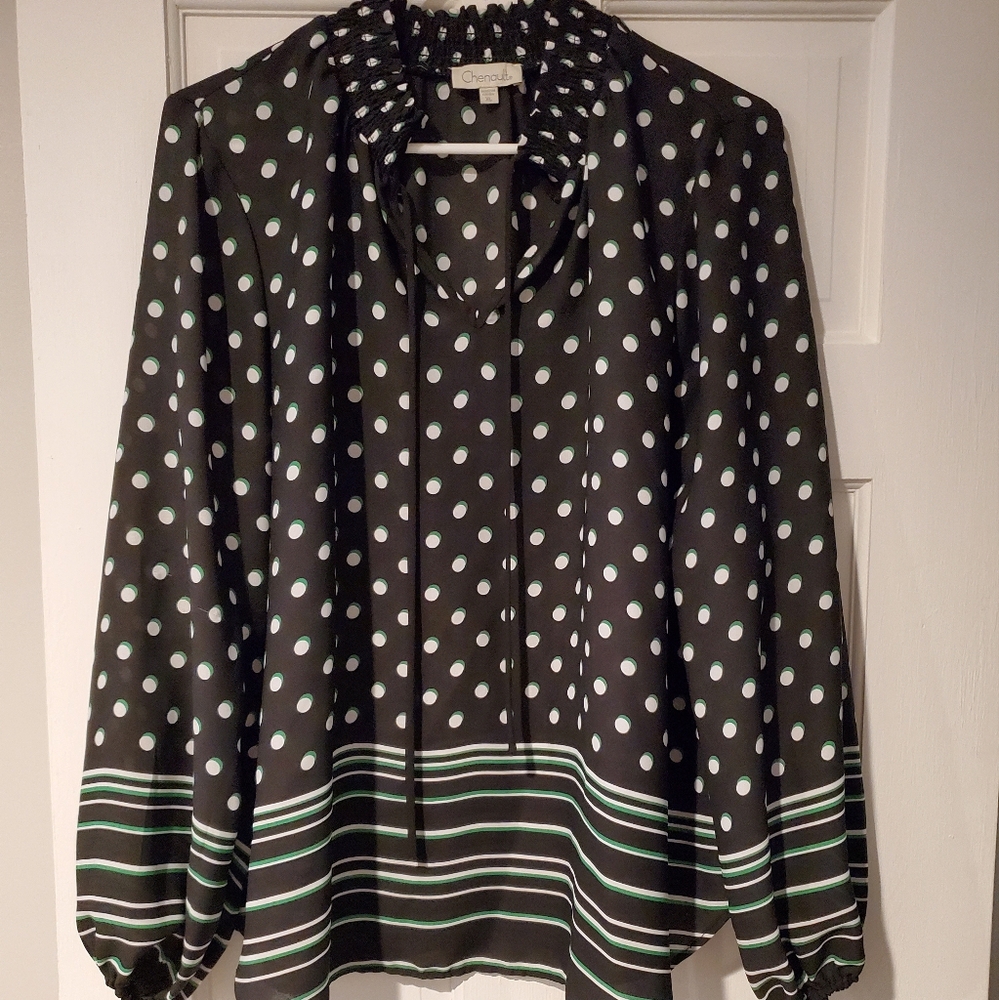 Chenault Black and White Polka Dot Blouse with Green Stripes